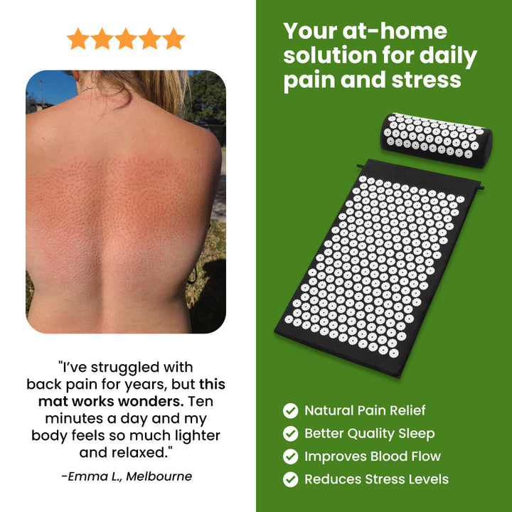 Person with visible back marks after using an acupressure mat, accompanied by a five-star review and highlighted benefits such as natural pain relief, better sleep quality, improved blood flow, and reduced stress.