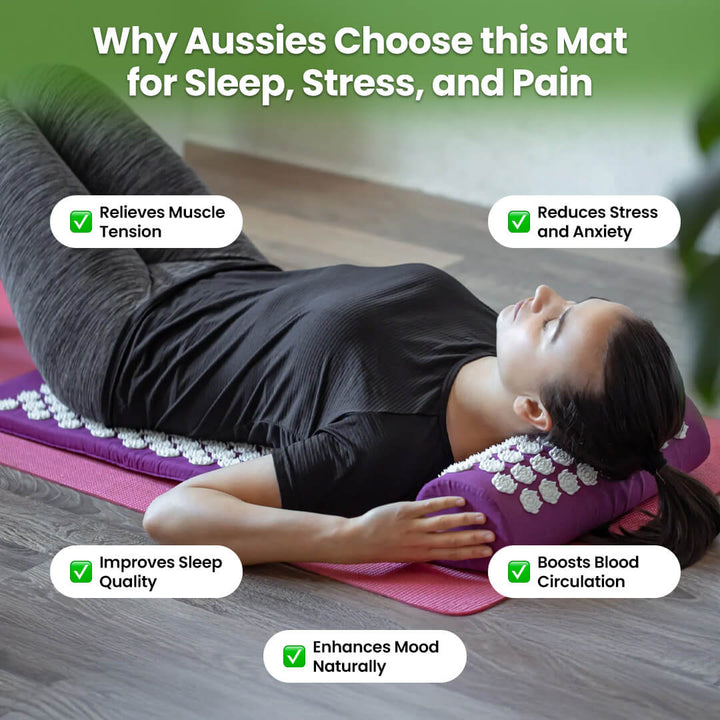 Woman lying on a mat with text highlighting benefits like muscle relief, stress reduction, and improved sleep.