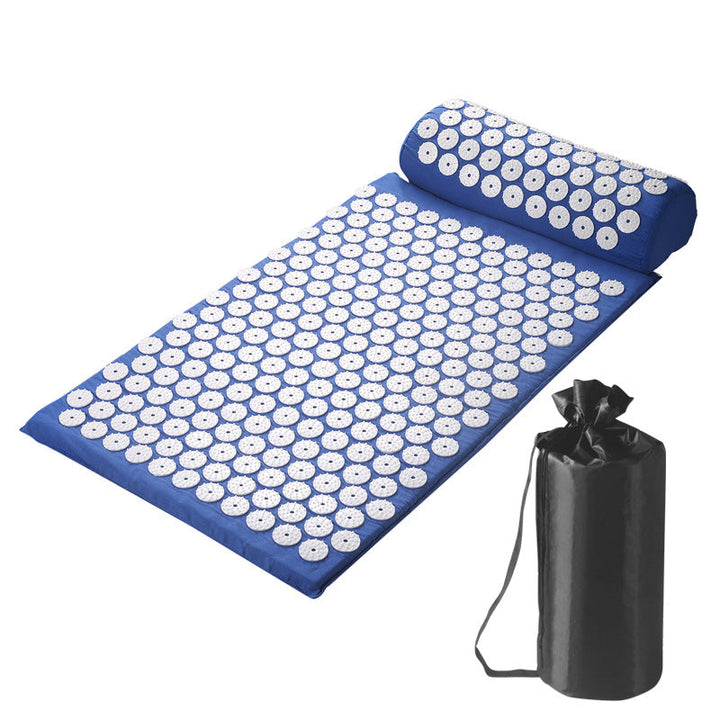 Acupressure mat with pillow and carrying bag on a white background