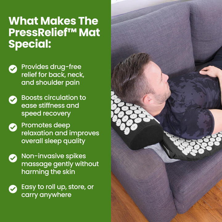 Person using a PressRelief mat on a couch with features listed on the side.